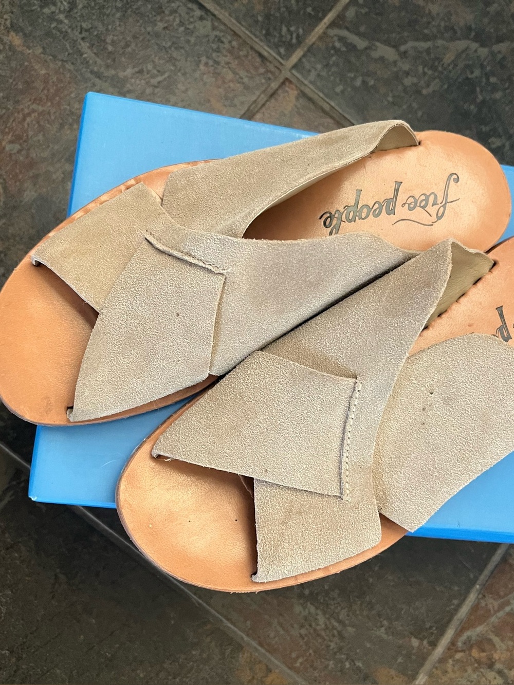 Free People Beige Suede Crisscross Slide Sandals